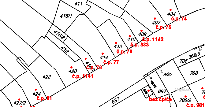 Komín 77, Brno na parcele st. 414 v KÚ Komín, Katastrální mapa