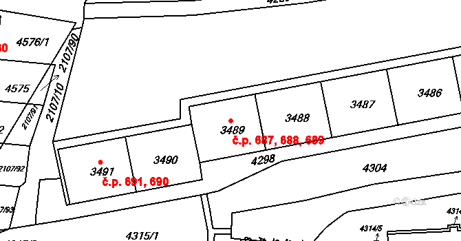 Komín 687,688,689, Brno na parcele st. 3489 v KÚ Komín, Katastrální mapa
