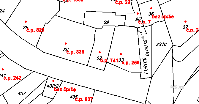 Pelhřimov 741 na parcele st. 32 v KÚ Pelhřimov, Katastrální mapa