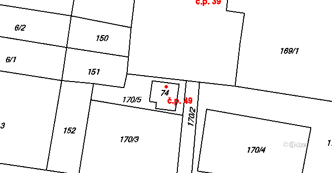 Karlova Ves 49 na parcele st. 74 v KÚ Karlova Ves, Katastrální mapa