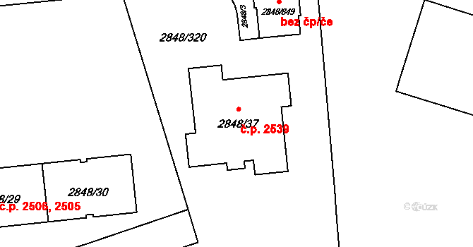 Záběhlice 2539, Praha na parcele st. 2848/37 v KÚ Záběhlice, Katastrální mapa