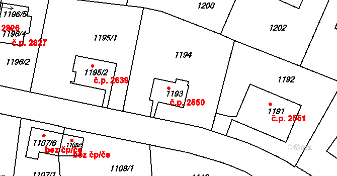 Smíchov 2550, Praha na parcele st. 1193 v KÚ Smíchov, Katastrální mapa