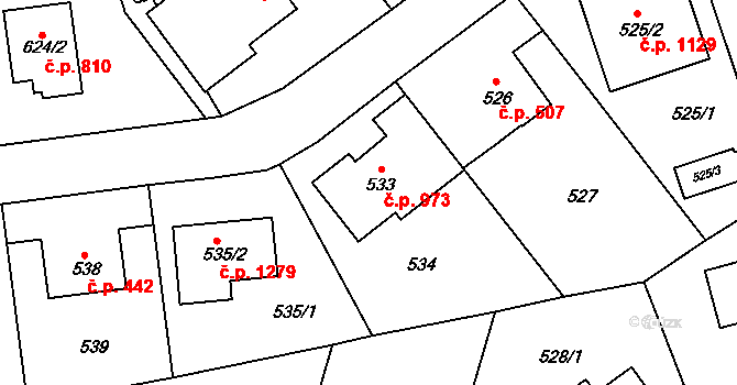 Stodůlky 973, Praha na parcele st. 533 v KÚ Stodůlky, Katastrální mapa