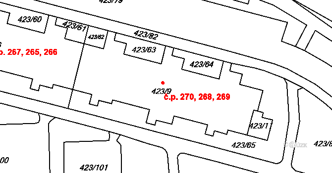 Petrovice 268,269,270, Praha na parcele st. 423/9 v KÚ Petrovice, Katastrální mapa