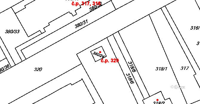 Újezdské Předměstí 329, Bílina na parcele st. 380/24 v KÚ Bílina-Újezd, Katastrální mapa