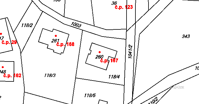 Hostice 167, Ruda nad Moravou na parcele st. 260 v KÚ Hostice, Katastrální mapa