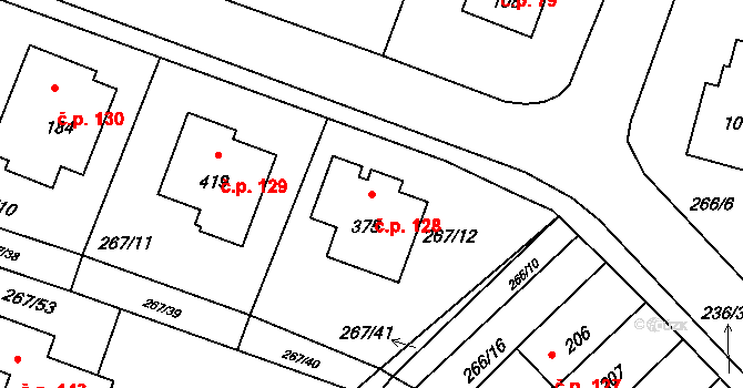 Bradlec 128 na parcele st. 375 v KÚ Bradlec, Katastrální mapa