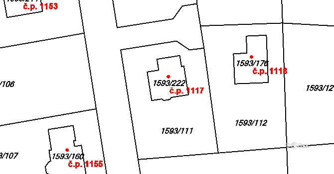 Kosmonosy 1117 na parcele st. 1593/222 v KÚ Kosmonosy, Katastrální mapa