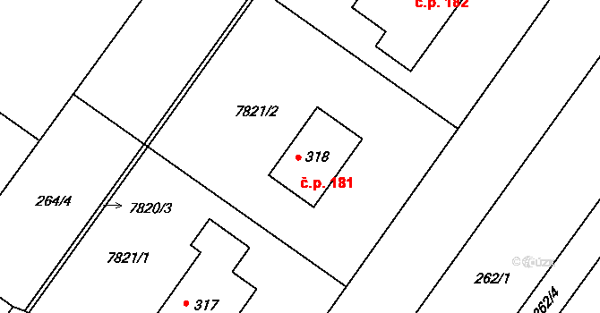 Křídlůvky 181 na parcele st. 318 v KÚ Křídlůvky, Katastrální mapa