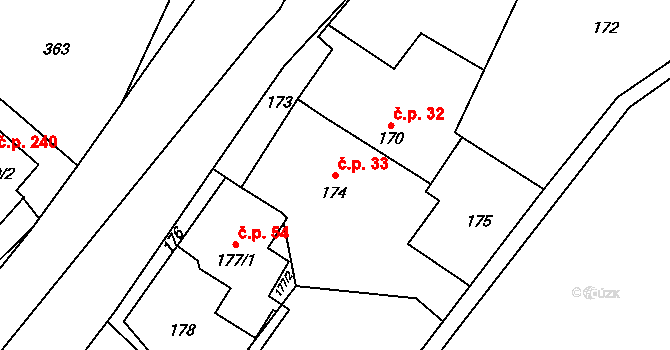 Dolní Ves 33, Fryšták na parcele st. 174 v KÚ Dolní Ves, Katastrální mapa