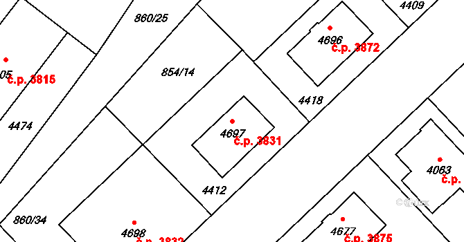 Zlín 3831 na parcele st. 4697 v KÚ Zlín, Katastrální mapa