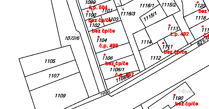Hrušky 49724886 na parcele st. 1106 v KÚ Hrušky, Katastrální mapa