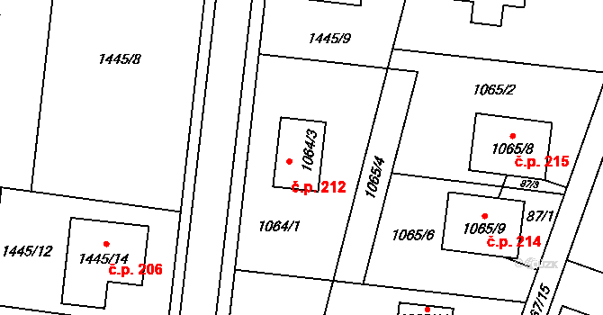 Chvalovice 212 na parcele st. 1064/3 v KÚ Chvalovice, Katastrální mapa