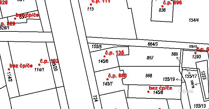 Slatiňany 135 na parcele st. 145/6 v KÚ Slatiňany, Katastrální mapa