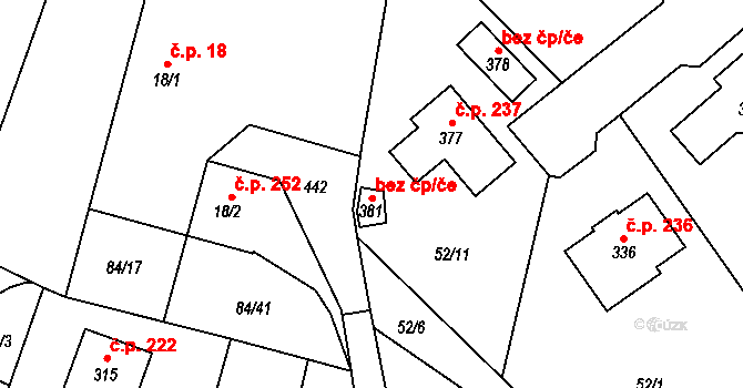 Srnojedy 54410886 na parcele st. 381 v KÚ Srnojedy, Katastrální mapa