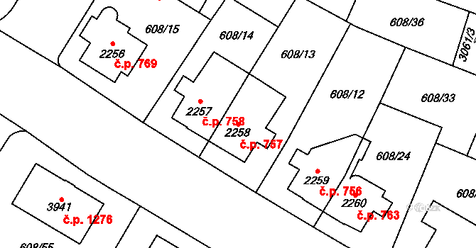 Bílé Předměstí 757, Pardubice na parcele st. 2258 v KÚ Pardubice, Katastrální mapa