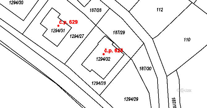 Měřín 628 na parcele st. 1294/32 v KÚ Měřín, Katastrální mapa