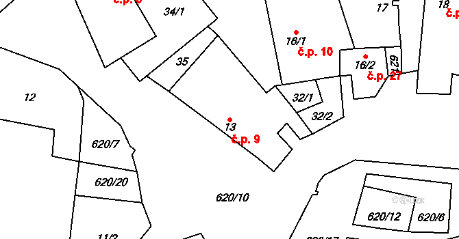 Léskovec 9, Počátky na parcele st. 13 v KÚ Léskovec, Katastrální mapa