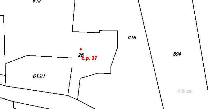 Nuzín 37, Čestice na parcele st. 25 v KÚ Nuzín, Katastrální mapa