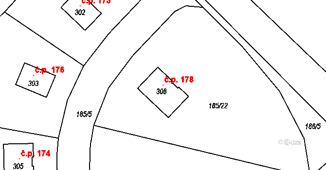 Svojetín 178 na parcele st. 308 v KÚ Svojetín, Katastrální mapa