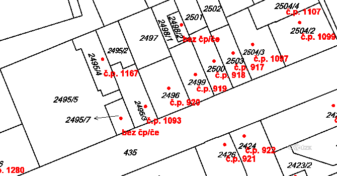 Holešov 920 na parcele st. 2496 v KÚ Holešov, Katastrální mapa