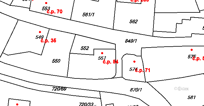 Černé Budy 54, Sázava na parcele st. 551 v KÚ Černé Budy, Katastrální mapa
