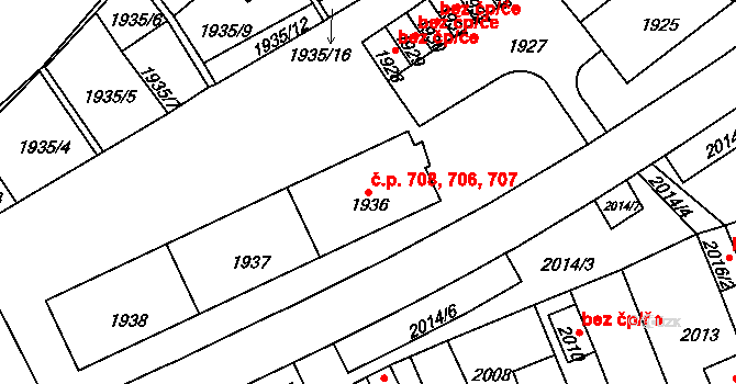 Zruč nad Sázavou 706,707,708 na parcele st. 1936 v KÚ Zruč nad Sázavou, Katastrální mapa