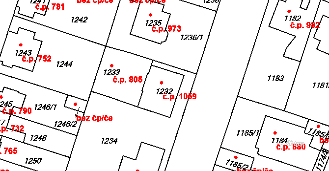 Čelákovice 1059 na parcele st. 1232 v KÚ Čelákovice, Katastrální mapa