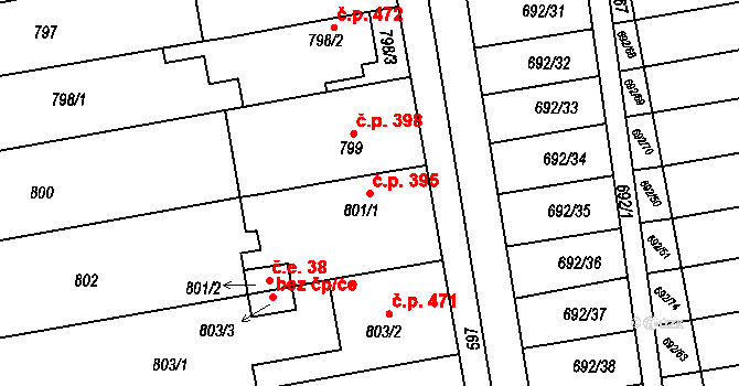 Hrušovany u Brna 395 na parcele st. 801/1 v KÚ Hrušovany u Brna, Katastrální mapa