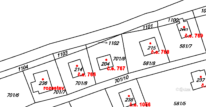 Dalov 733, Šternberk na parcele st. 208 v KÚ Dalov, Katastrální mapa