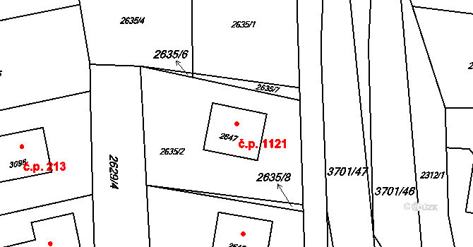 Rožnov pod Radhoštěm 1121 na parcele st. 2647 v KÚ Rožnov pod Radhoštěm, Katastrální mapa