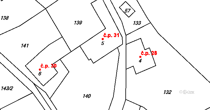 Litice nad Orlicí 31, Záchlumí na parcele st. 5 v KÚ Litice nad Orlicí, Katastrální mapa