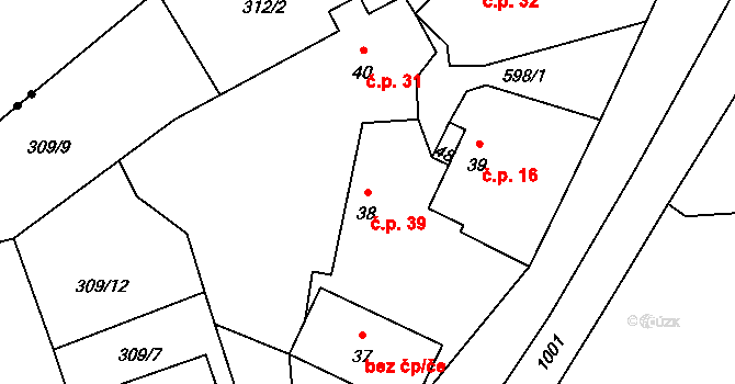Jinín 39 na parcele st. 38 v KÚ Jinín, Katastrální mapa