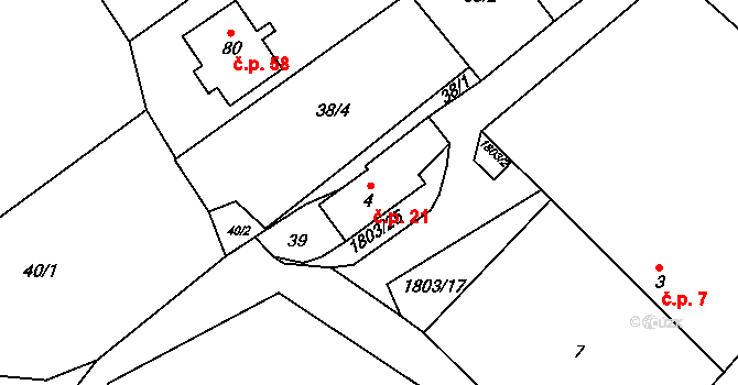 Pocoucov 21, Třebíč na parcele st. 4 v KÚ Pocoucov, Katastrální mapa
