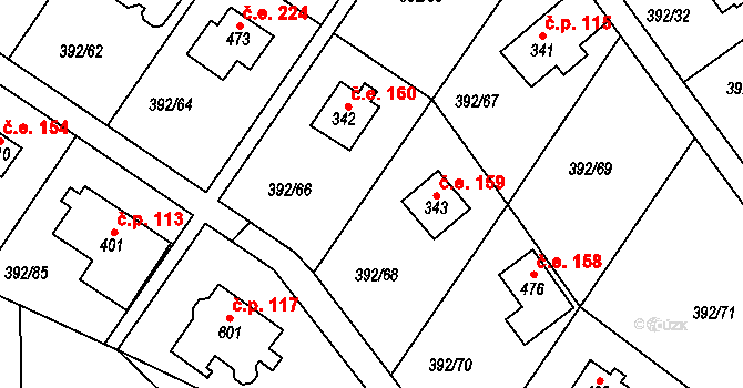 Zdiby 159 na parcele st. 343 v KÚ Zdiby, Katastrální mapa