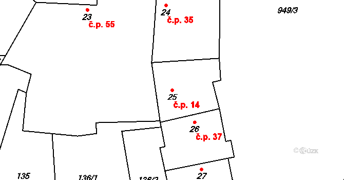 Zavidov 14 na parcele st. 25 v KÚ Zavidov, Katastrální mapa
