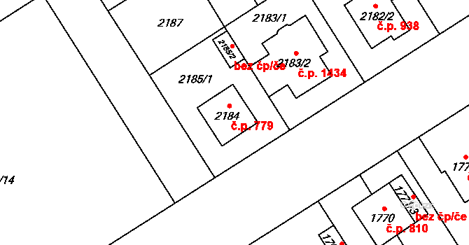 Kyje 779, Praha na parcele st. 2184 v KÚ Kyje, Katastrální mapa