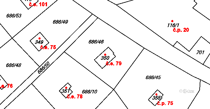 Halouny 79, Svinaře na parcele st. 350 v KÚ Svinaře, Katastrální mapa
