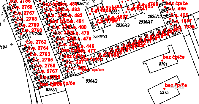 Hodonín 476 na parcele st. 2936/25 v KÚ Hodonín, Katastrální mapa