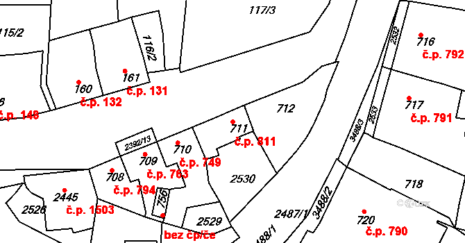 Rosice 811 na parcele st. 711 v KÚ Rosice u Brna, Katastrální mapa