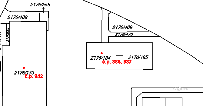 Skvrňany 887,888, Plzeň na parcele st. 2176/184 v KÚ Skvrňany, Katastrální mapa