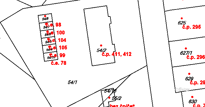 Pozořice 411,412 na parcele st. 54/2 v KÚ Pozořice, Katastrální mapa