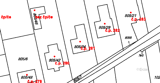 Charváty 281 na parcele st. 805/34 v KÚ Charváty, Katastrální mapa
