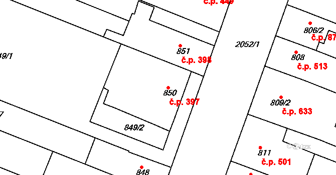 Modřice 397 na parcele st. 850 v KÚ Modřice, Katastrální mapa