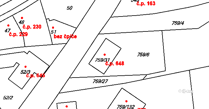 Líně 648 na parcele st. 759/31 v KÚ Líně, Katastrální mapa