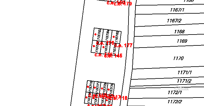 Rajhrad 145 na parcele st. 1157/81 v KÚ Rajhrad, Katastrální mapa