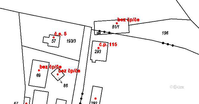 Dobronice u Bechyně 115 na parcele st. 293 v KÚ Dobronice u Bechyně, Katastrální mapa