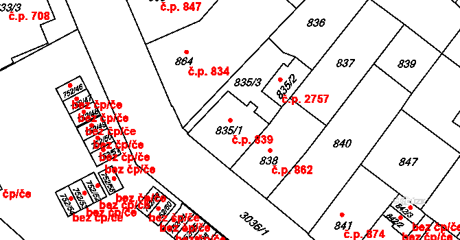 Předměstí 839, Opava na parcele st. 835/1 v KÚ Opava-Předměstí, Katastrální mapa