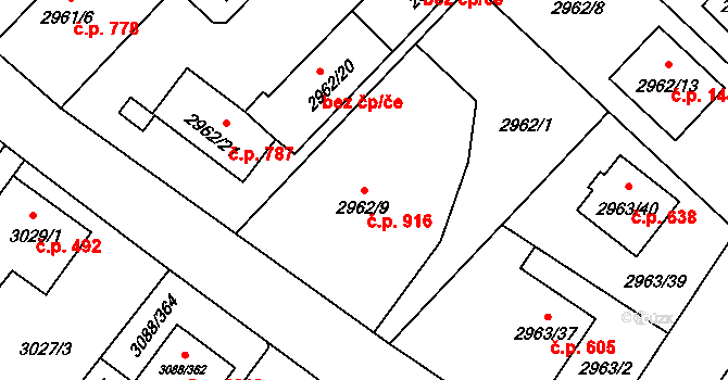 Hlučín 916 na parcele st. 2962/9 v KÚ Hlučín, Katastrální mapa
