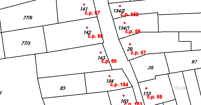 Mouchnice 69 na parcele st. 143 v KÚ Mouchnice, Katastrální mapa